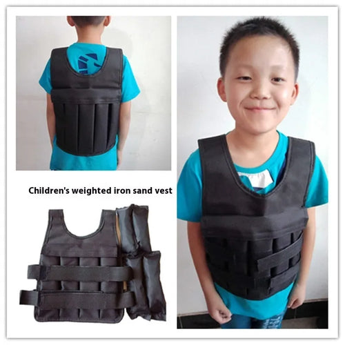 Child wearing an adjustable voile fabric sand weight vest for fitness training.