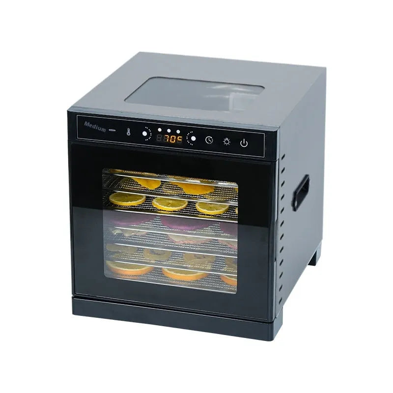 Stainless steel food dehydrator with clear skylight lid and multiple mesh drying trays
