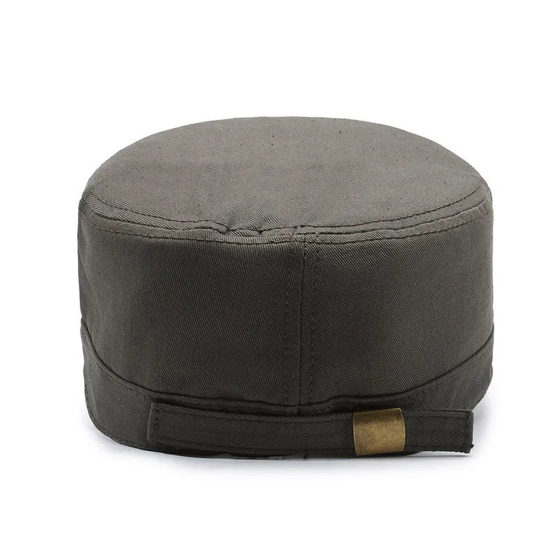 Men's flat-top cotton peaked cap in army green with an adjustable strap and embroidered lettering on the front.
