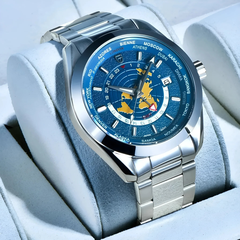 Men's mechanical GMT dual time zone watch with 40mm dial, sapphire crystal glass, and stainless steel buckle, blue dial