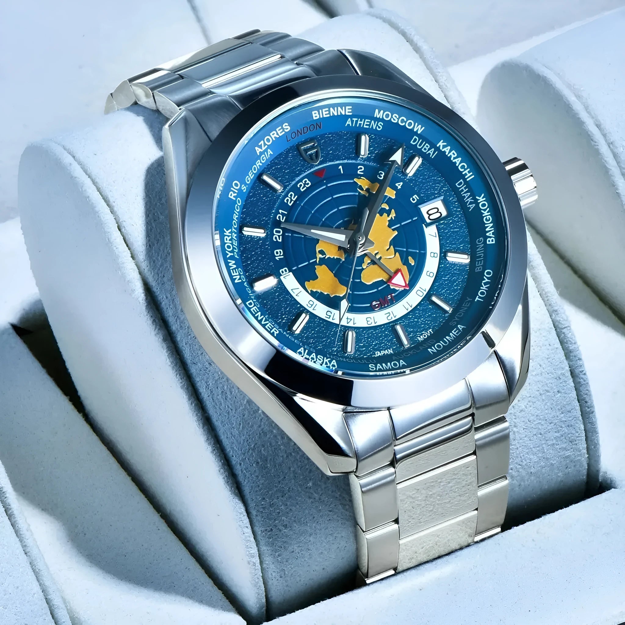 Men's mechanical GMT dual time zone watch with 40mm dial, sapphire crystal glass, and stainless steel buckle, blue dial
