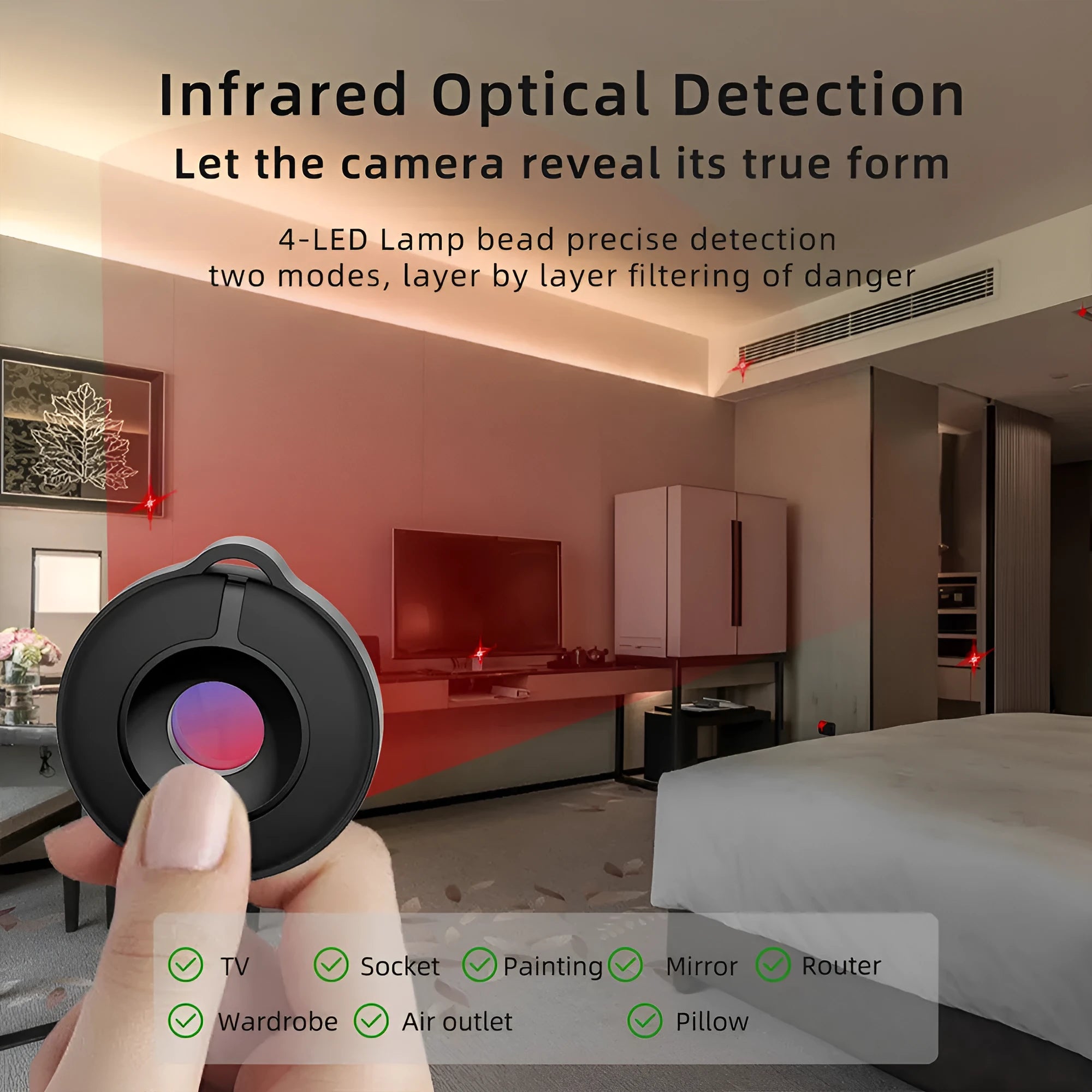 Compact black camera detector with infrared sensor for finding hidden surveillance devices.