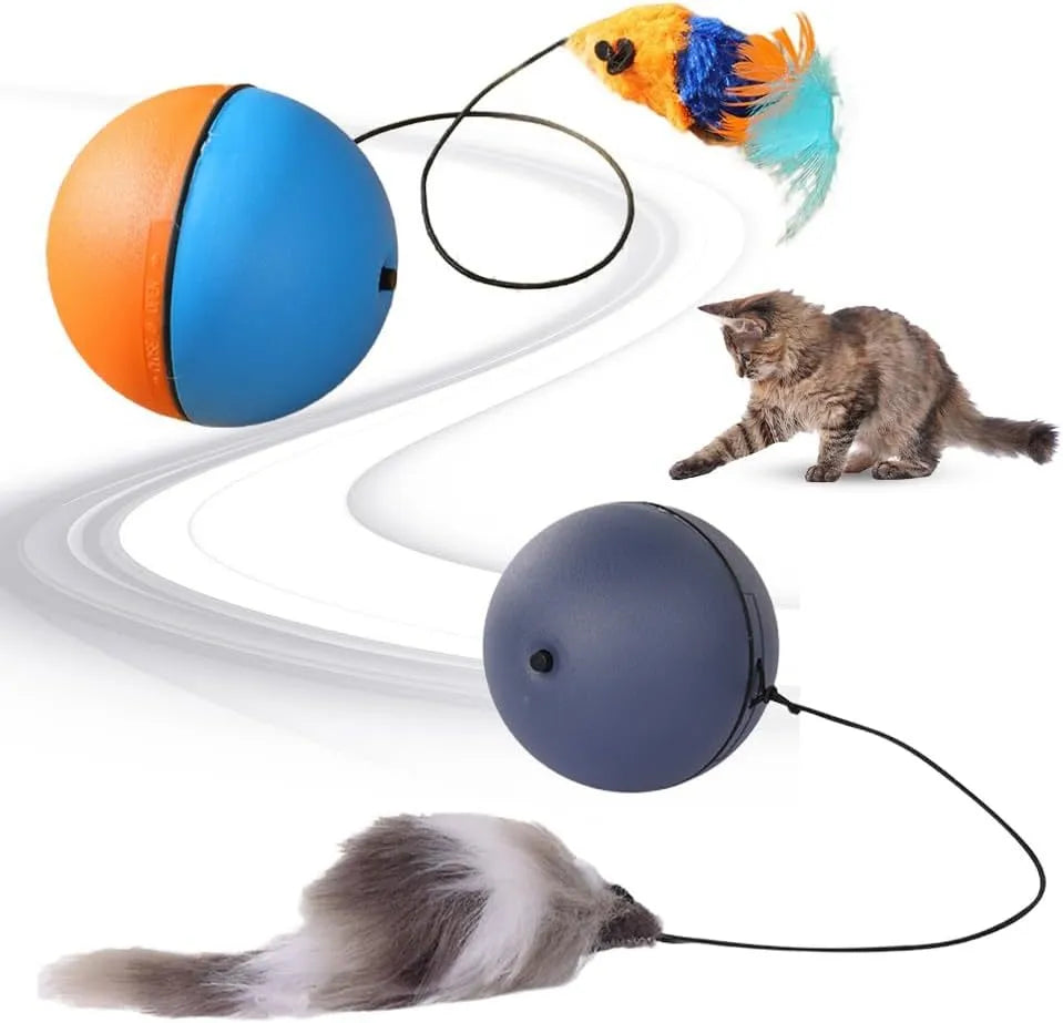 Automatic self-rolling blue and orange ball toy for cats and dogs on indoor floor