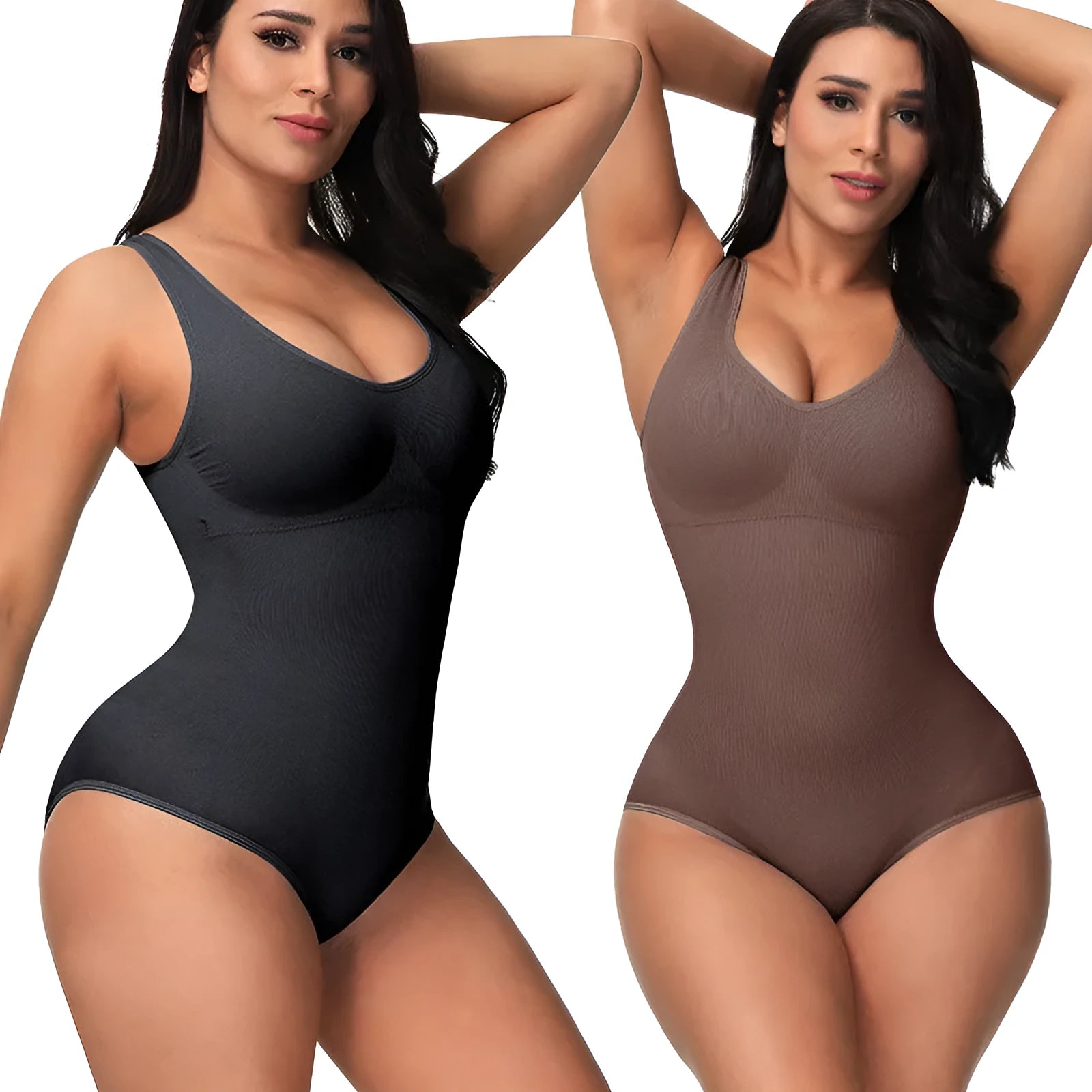 Green seamless nylon corset bodysuit for women on a hanger, showing its one-piece shaping design.