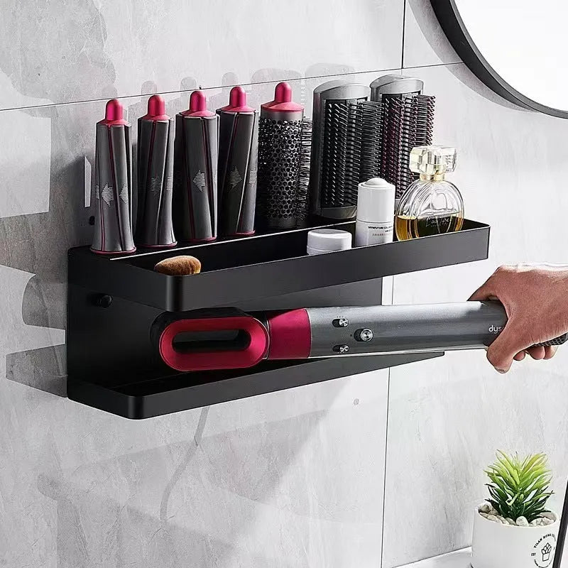 White double-layer aluminium punch-free bathroom storage rack mounted on tiles.