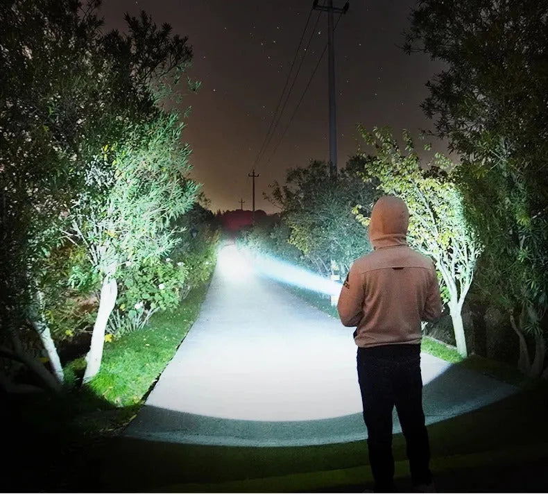 Rechargeable 20W LED torch with aluminium alloy body, focusing beam, 200-500m range, and charger