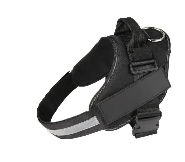 Adjustable dog harness with mesh padded vest in assorted colours, showing reflective strips and D-ring leash attachment.