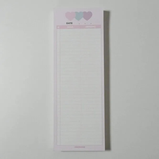 Vertical B5 half-size notepad in blue, pink, or purple cover, showing double-sided pages.