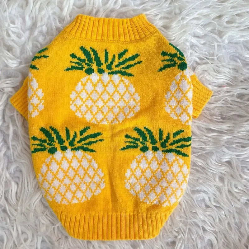 Yellow pineapple print wool pet jumper for dogs and cats, sizes S to XXL, autumn winter Christmas pet clothes