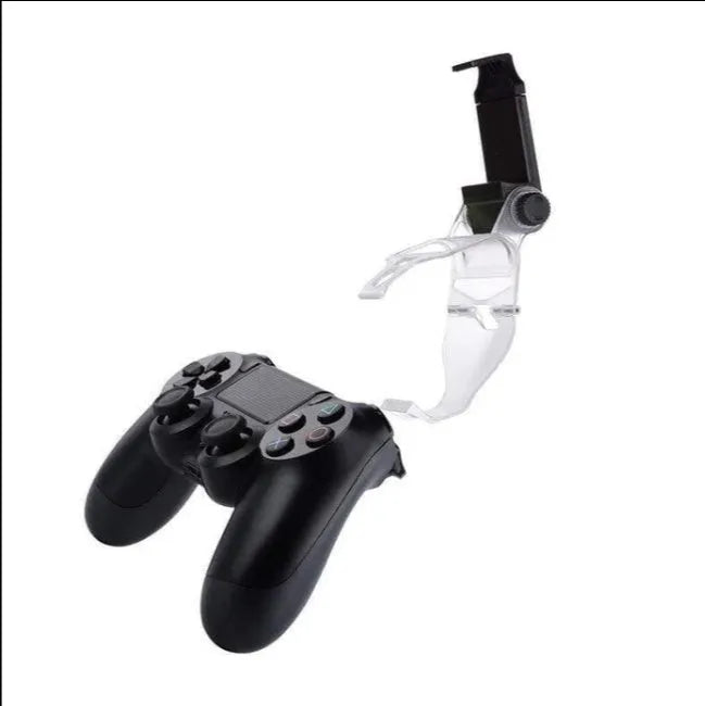 Black PS4 controller mobile game clip holding a smartphone, with included OTG cable for connection.