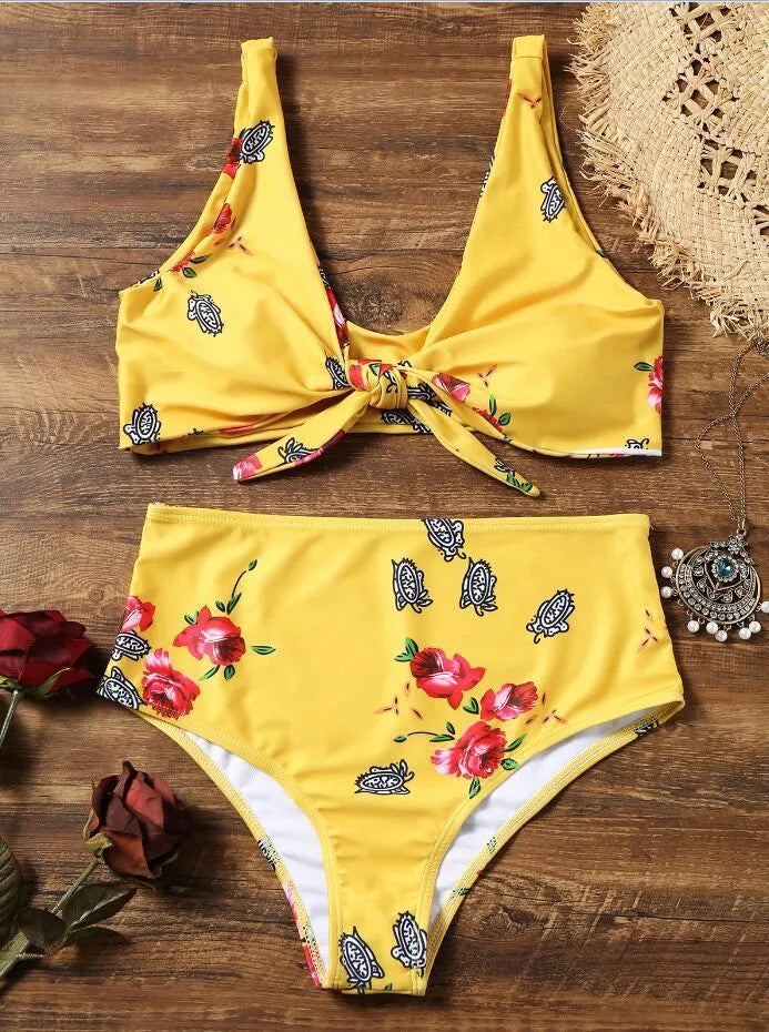 Knotted double-sided bikini swimsuit in polyester spandex, yellow flower orchid white flower, sizes L M S