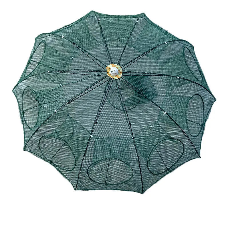 Automatic folding nylon fishing umbrella net with 100cm diameter, folded and open on bank