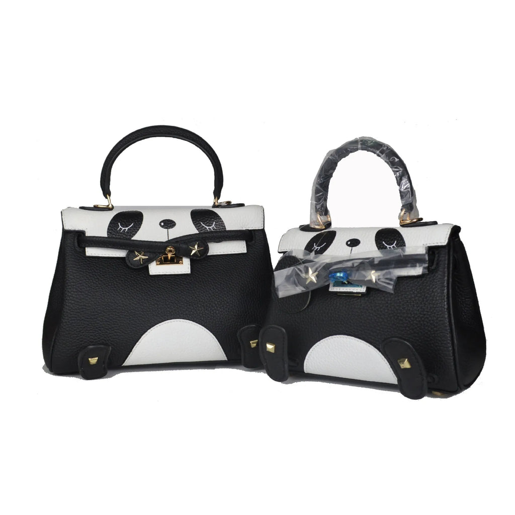 Panda print leather handbag with horizontal square shape, shown in two size options.