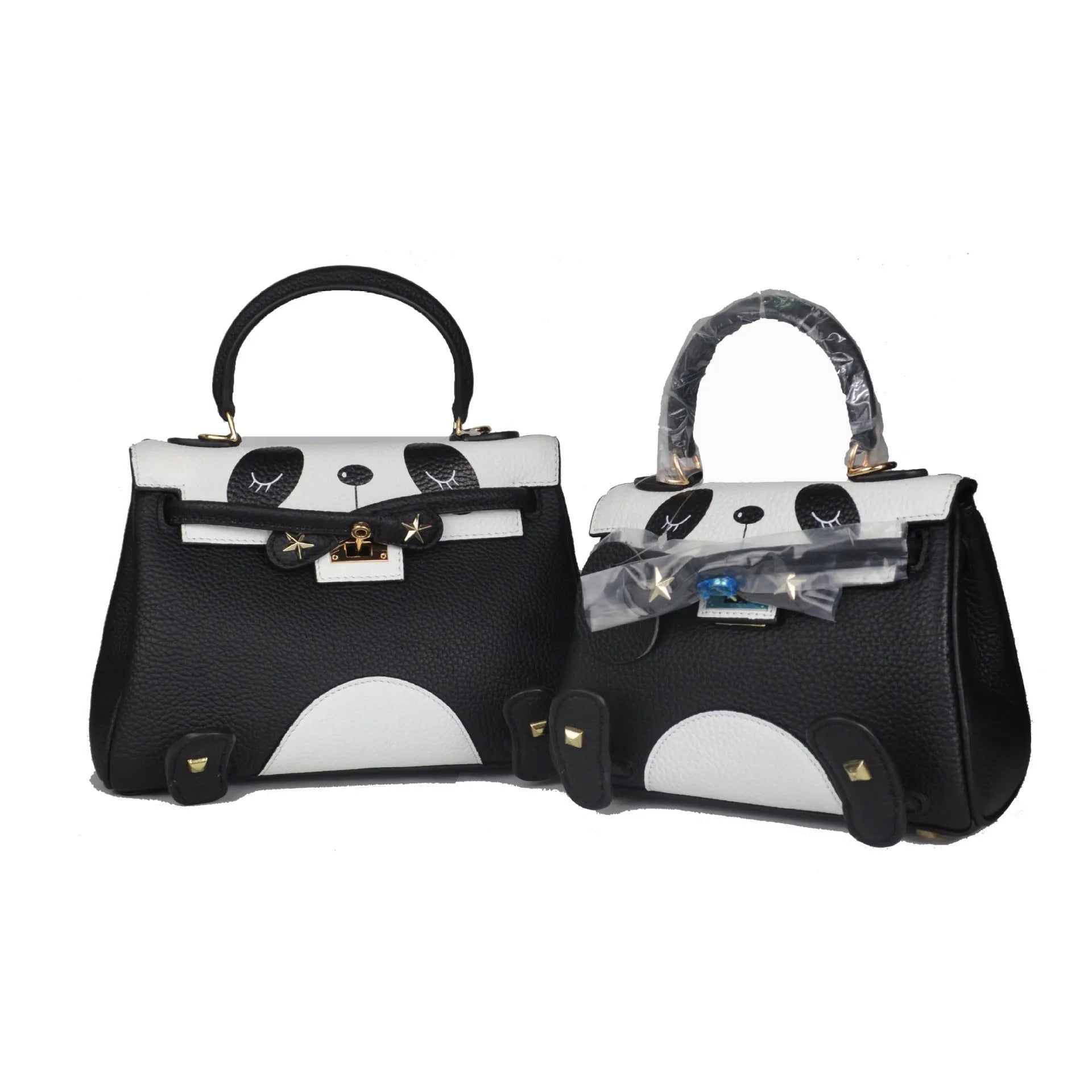 Panda print leather handbag with horizontal square shape, shown in two size options.