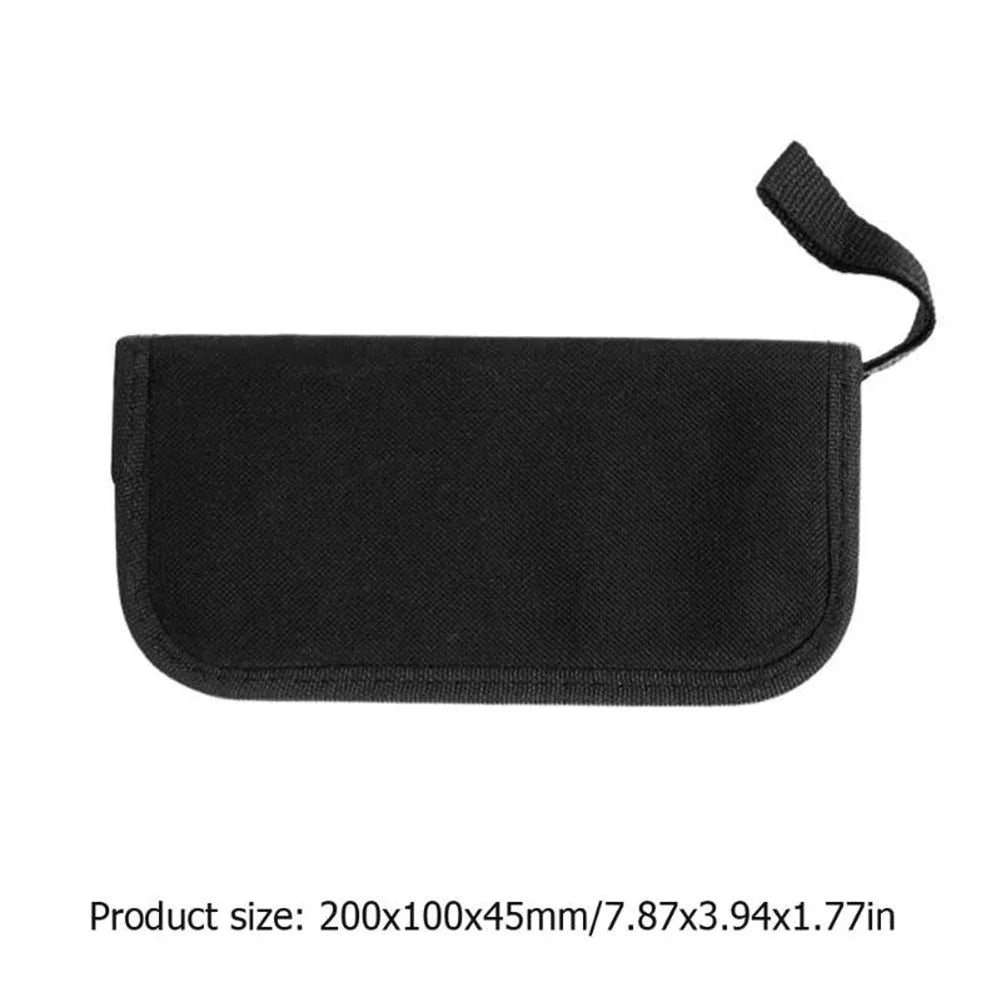 Open black guitar repair kit showing 12 metal tools including truss rod wrenches and a string winder in a zippered case.