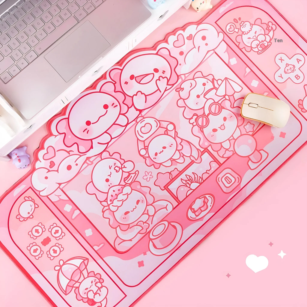Hexagonal dragon crane machine cartoon anime print on a large 75x40 cm black cloth mouse pad with wrist rest.