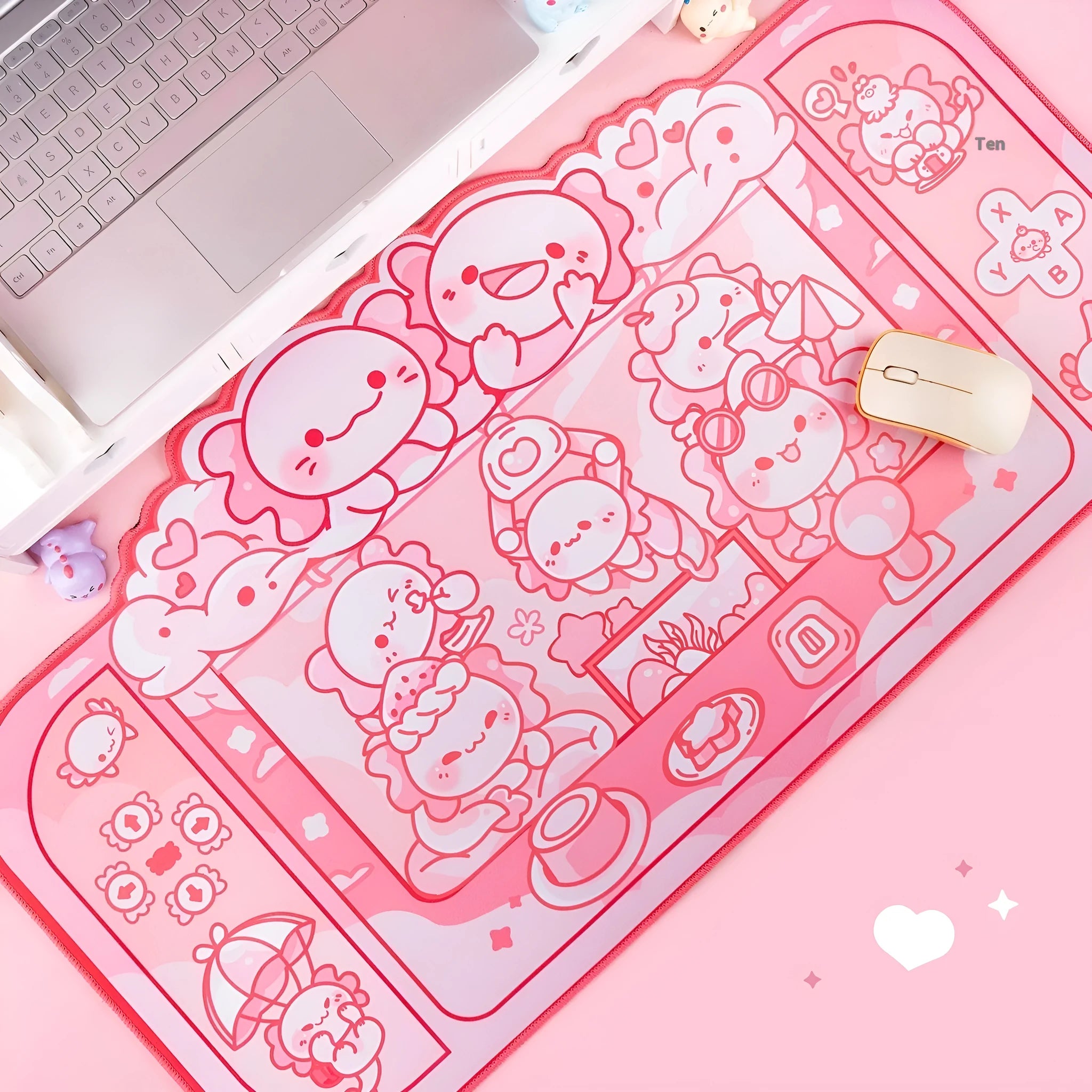 Hexagonal dragon crane machine cartoon anime print on a large 75x40 cm black cloth mouse pad with wrist rest.