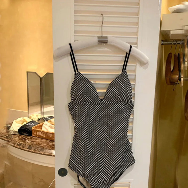 Blue cover belly one-piece swimsuit for women with small chest, Asian fit.