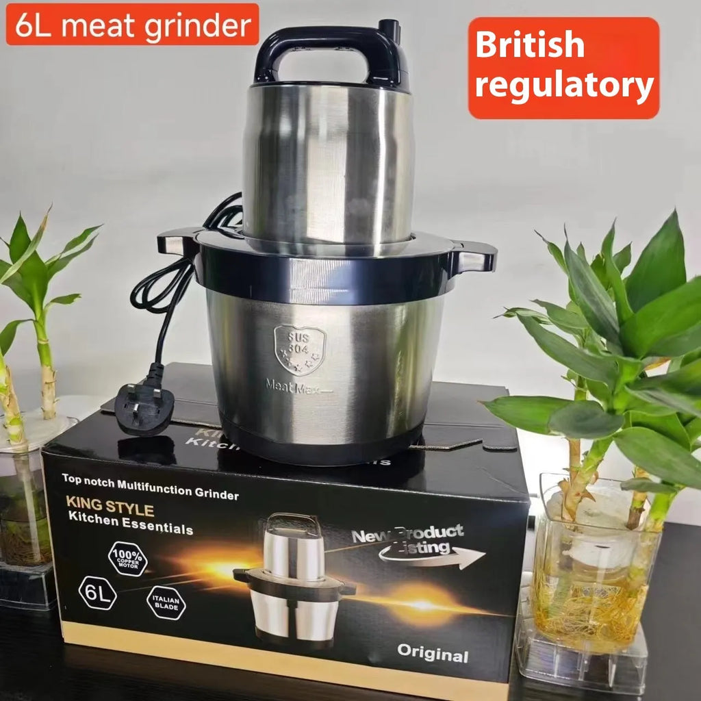 Stainless steel semi-automatic meat grinder with 6L capacity and UK plug on a kitchen worktop