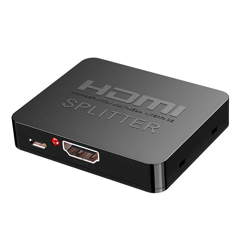 HDMI splitter unit with two output ports and USB power cable for 4K video distribution