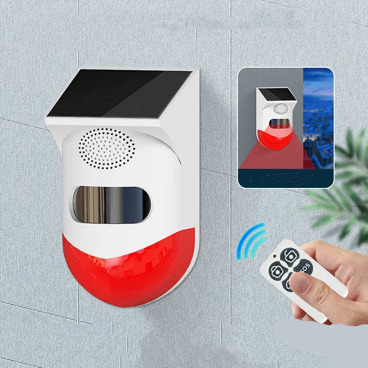 Outdoor wall-mounted solar infrared security alarm with GSM notification for perimeter detection.