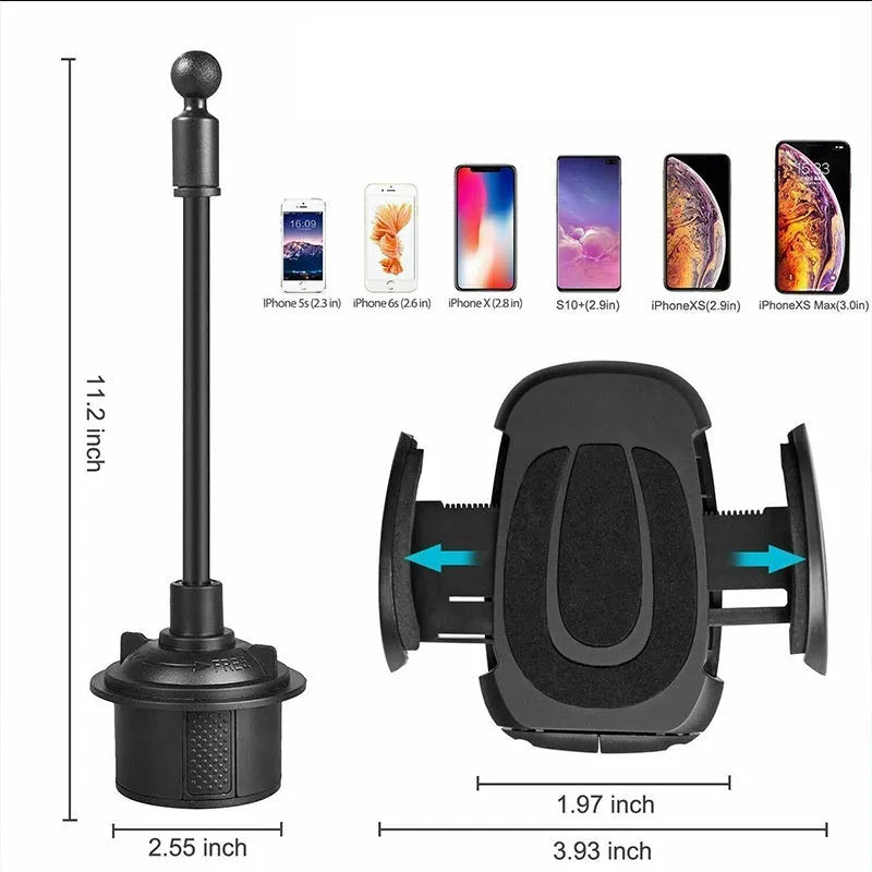 Black car cup holder mobile phone holder made of ABS and aluminium tube encapsulation, 9 x 9 x 16.5 cm, shown in a car interior.