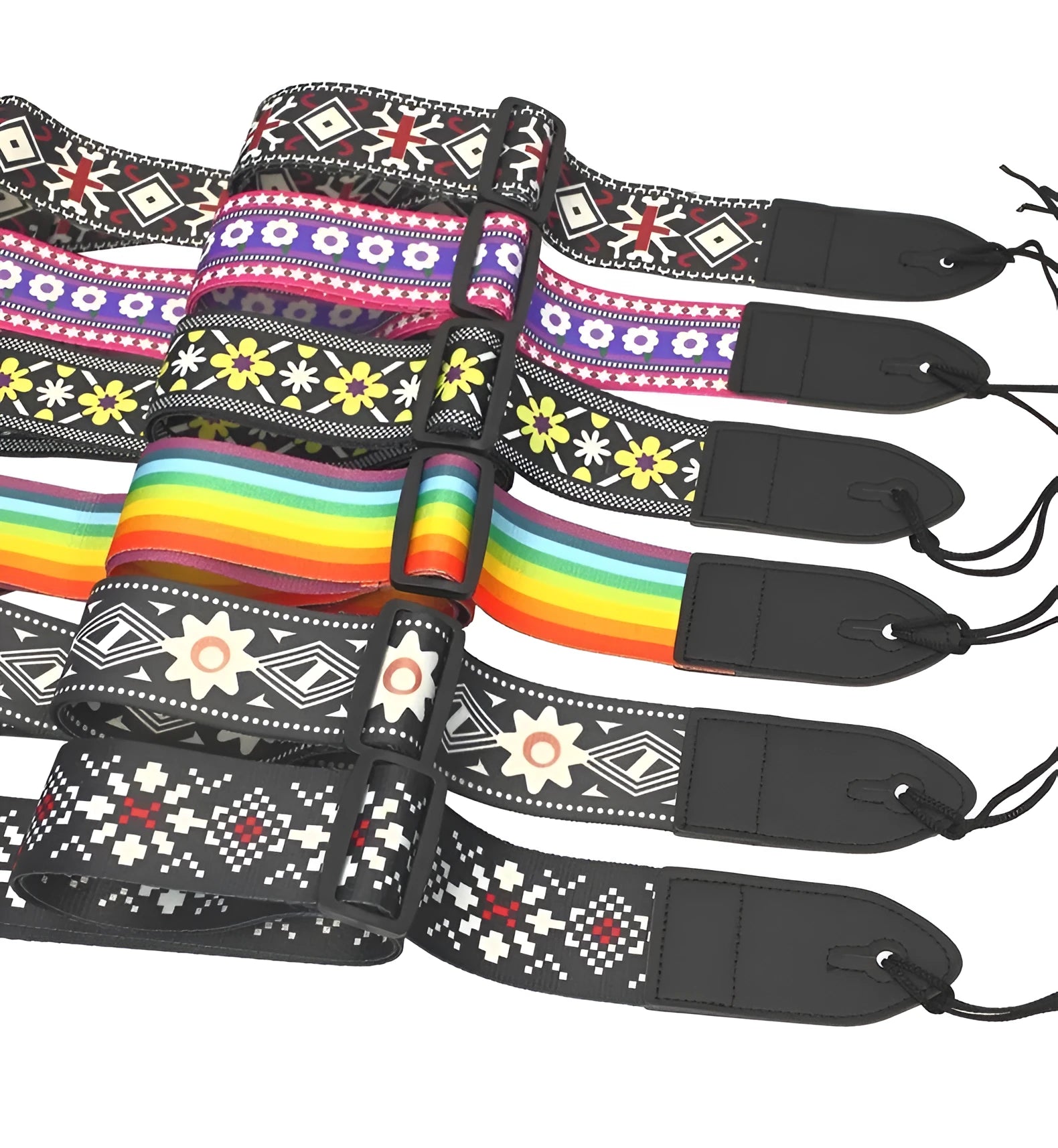 Printed cloth guitar shoulder strap showing colourful graphic pattern designs including national flag and space motifs
