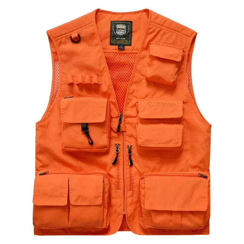 Cotton multi-pocket fishing vest with ribbed hem, available in army green, khaki, dark blue, black, red, orange
