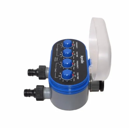 Dual timed irrigation controller for automatic garden watering with battery compartment and hose connections