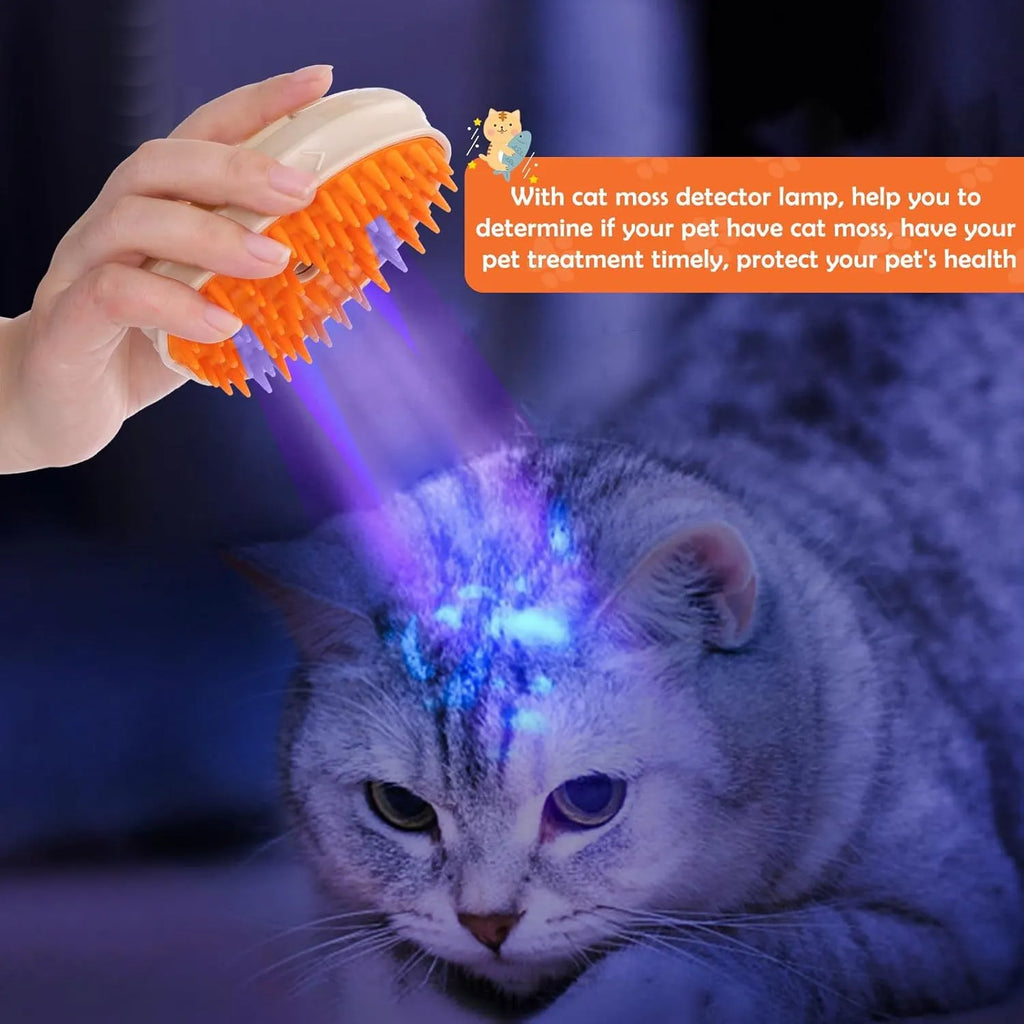 Yellow 4 in 1 cat steam brush with ringworm detector and silicone grooming teeth