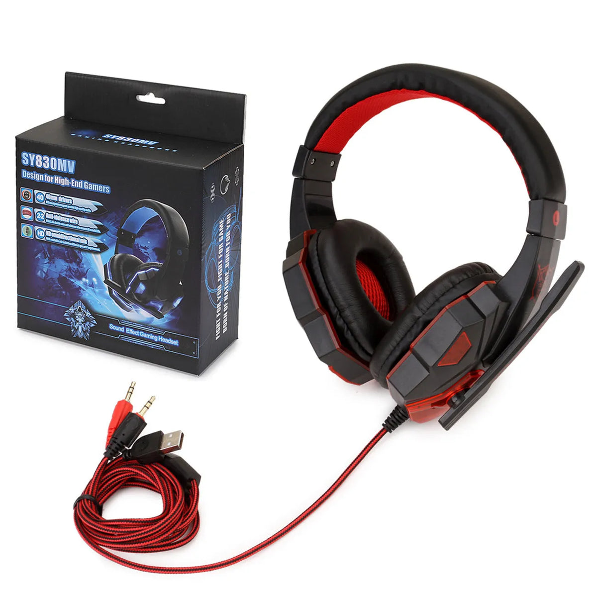 Wired gaming headset with microphone, 3.5mm straight plug, braided cable, black blue colour option
