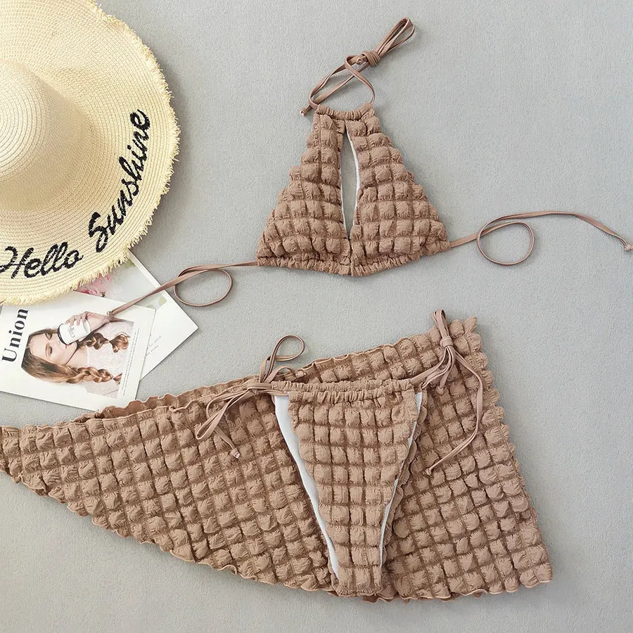 Brown seersucker lace-up three-piece women's bikini swimsuit set on a mannequin