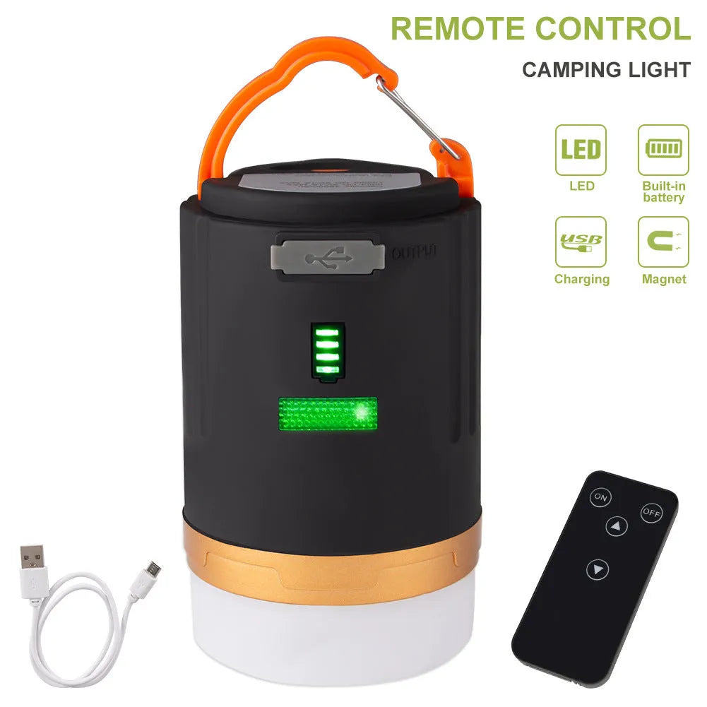 Black rechargeable camping light with remote control, hanging hook and magnetic base, IPX6 waterproof rated