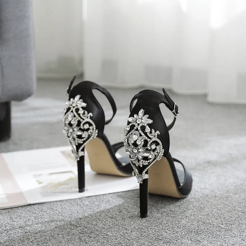 Black suede women's high heel shoes with rhinestone decoration and fish mouth toe design