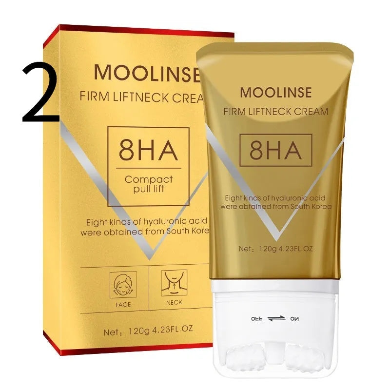 Neck cream with roller applicator for dry skin treatment in medium sample size packaging