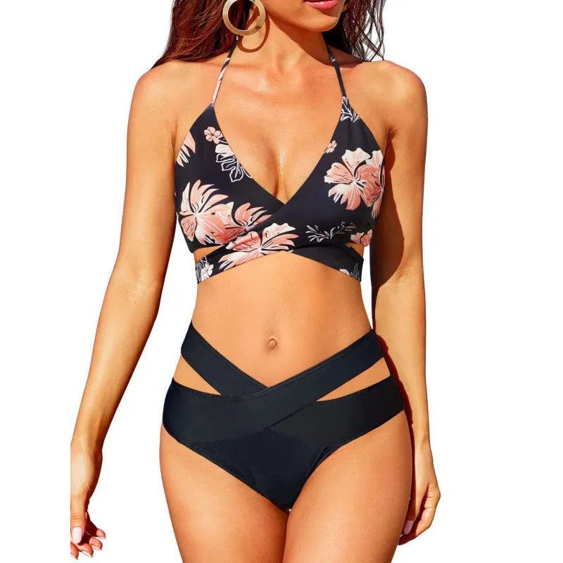Women's high waist split bikini set in polyester with 30 colour options and sizes S to 2XL
