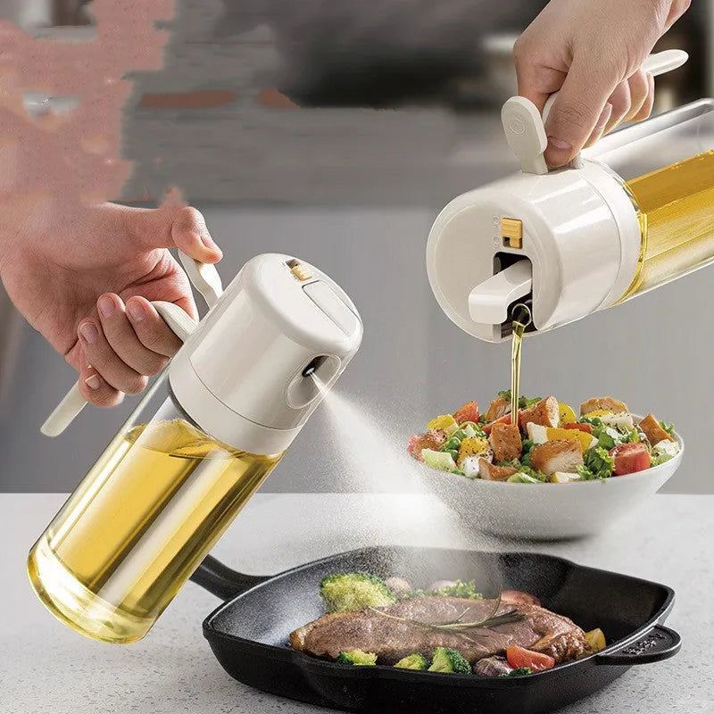 Warm grey 550ml glass oil sprayer bottle with dual pouring and spraying functions