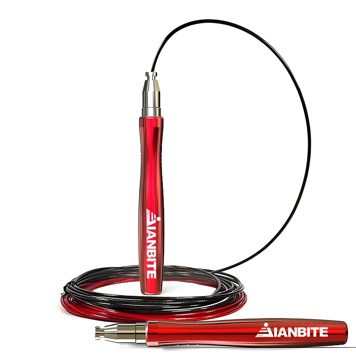 Sports skipping rope with aluminium alloy handles and black wire PVC rope on a smooth floor
