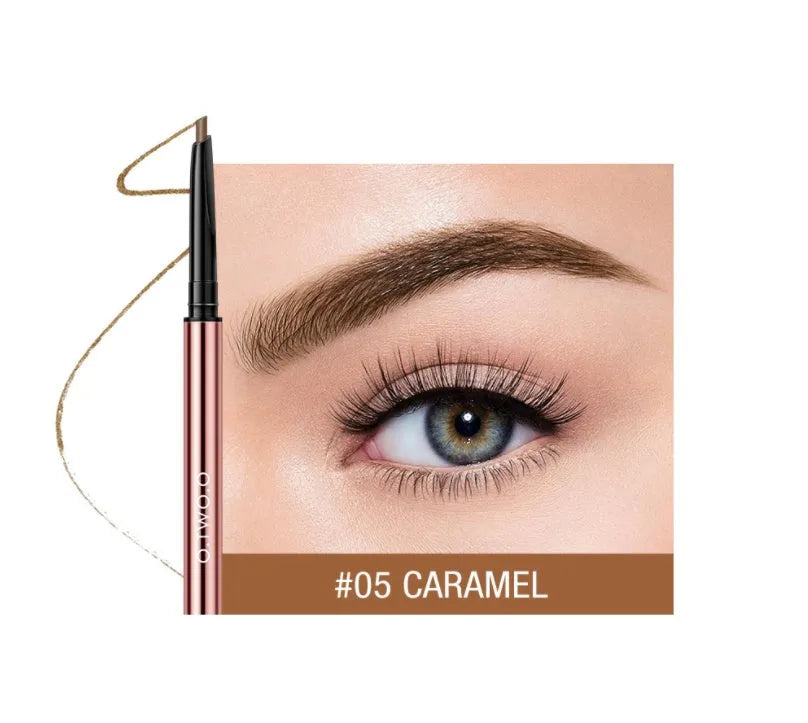 Brow pencil in a colour box with six shade options: Auburn, Blonde, Caramel, Dark Brown, Soft Brown, Taupe.