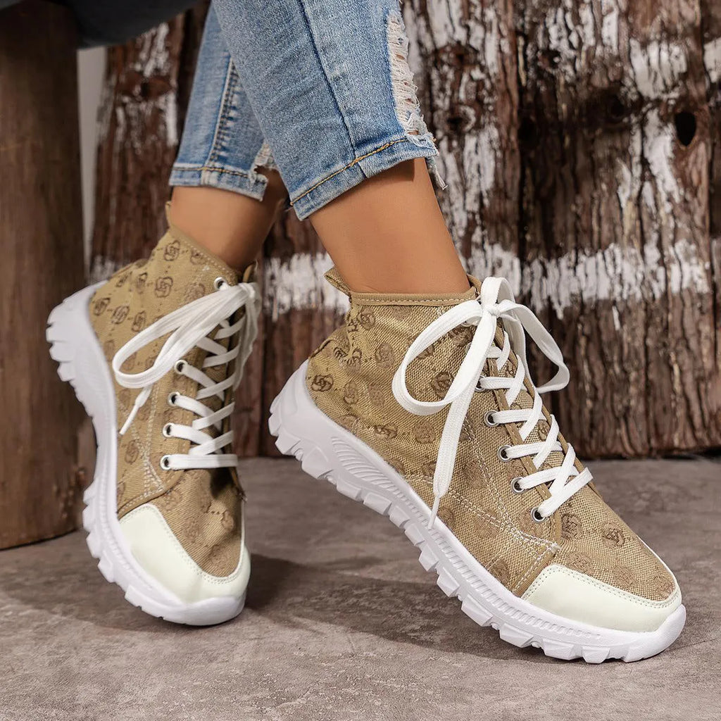 Women's rose-print lace-up canvas boots with round toe, flat heel, mid-tube design and non-slip thick sole