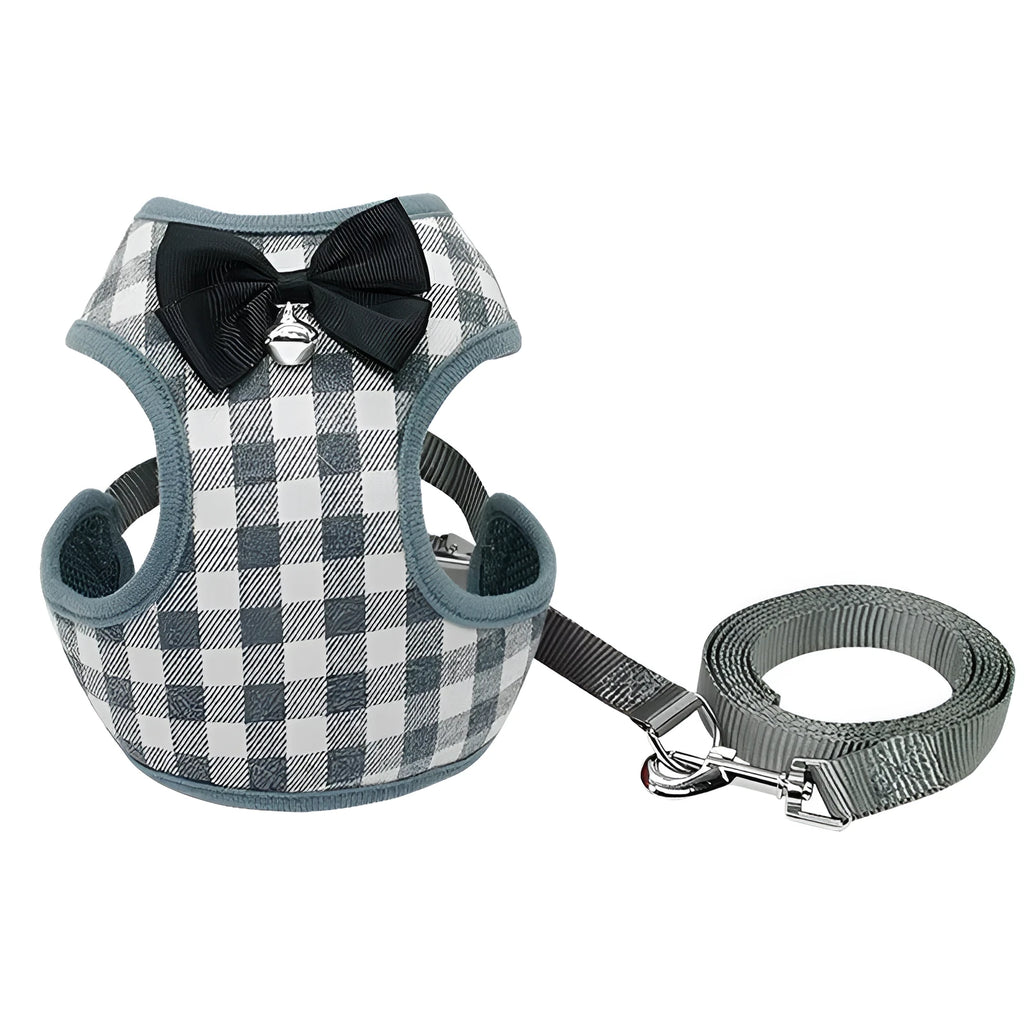 Grey cloth dog leash and chest strap set with adjustable buckle on white background