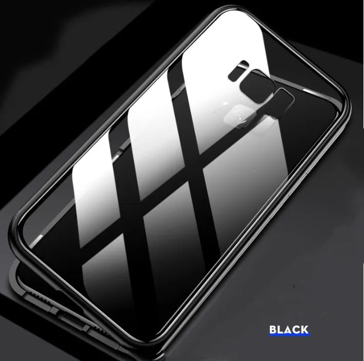 Black anti-peeping magnetic phone case for Samsung Galaxy shown in clamshell open position