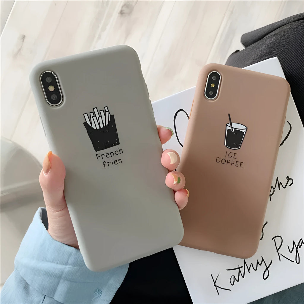 Soft matte silicone iPhone case showing coffee and fries couple design patterns.