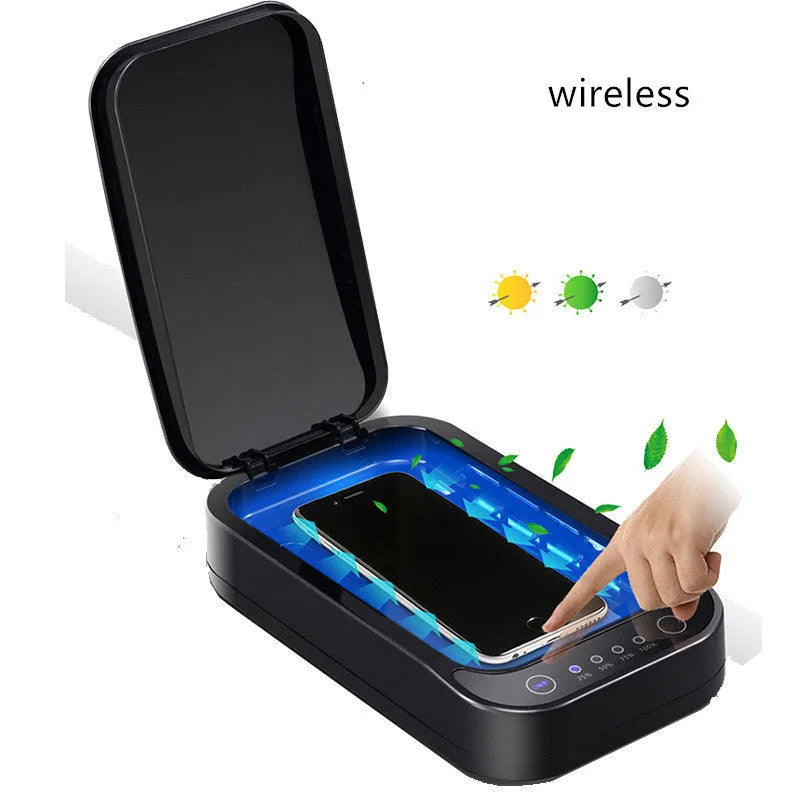 Blue and white ultraviolet disinfection box for mobile phones, showing internal chamber and control interface.