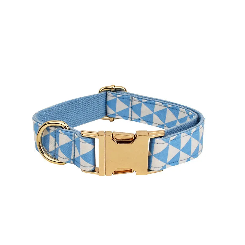 Blue cloth dog collar, leash, decorative bow, and vest set for small to medium dogs
