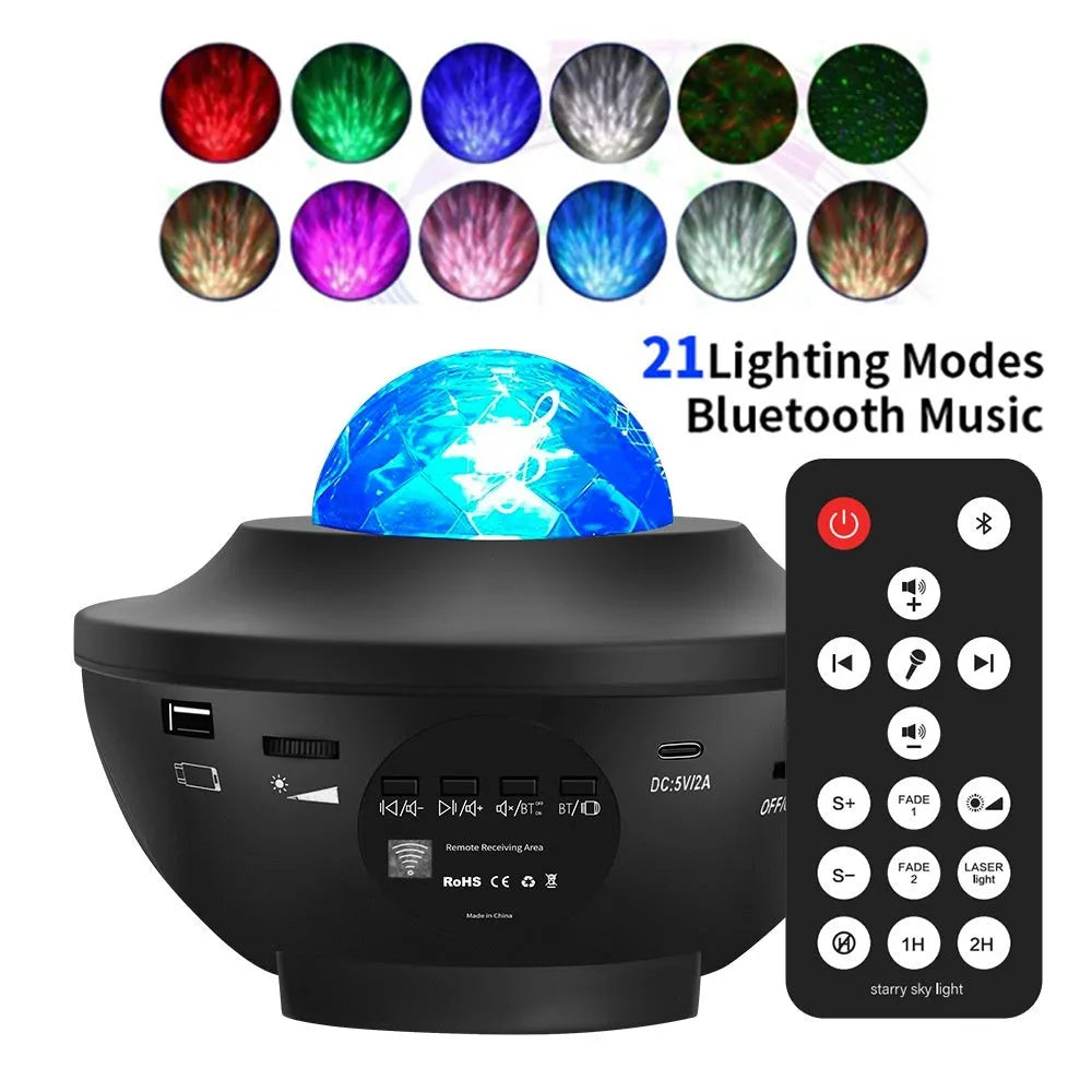 Black parallel style Bluetooth starry sky projection lamp with remote control on a desktop.