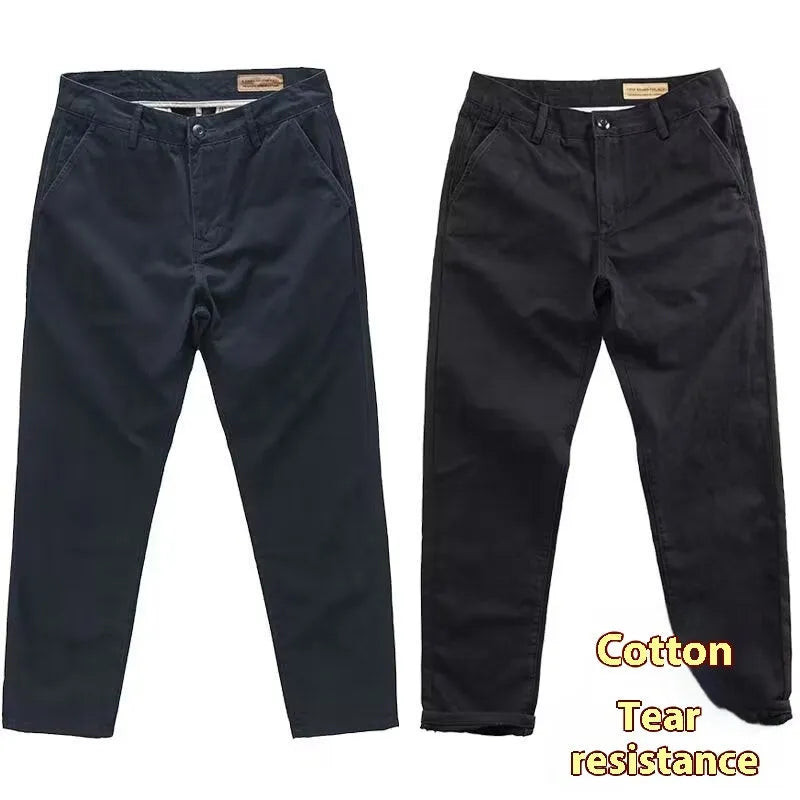 Men's slim fit straight leg trousers in navy blue cotton-polyester blend fabric