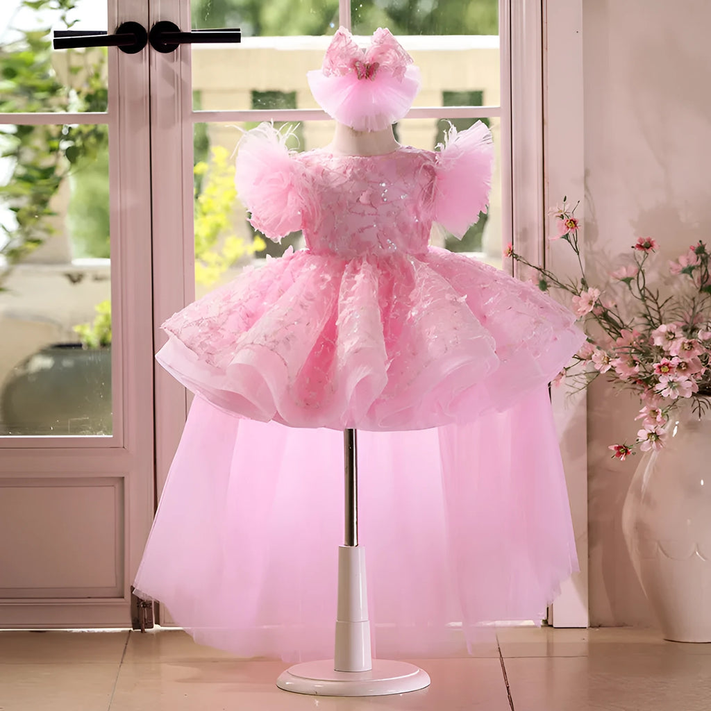 Pink polyester girls princess dress with layered pettiskirt in 80-150cm height sizes
