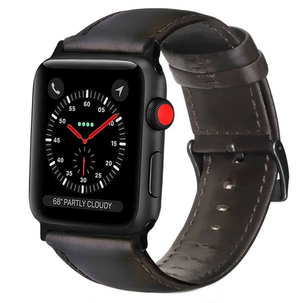 Top layer cowhide leather watch strap for Apple Watch 38-40mm and 42-44mm in oil wax finish, black colour option