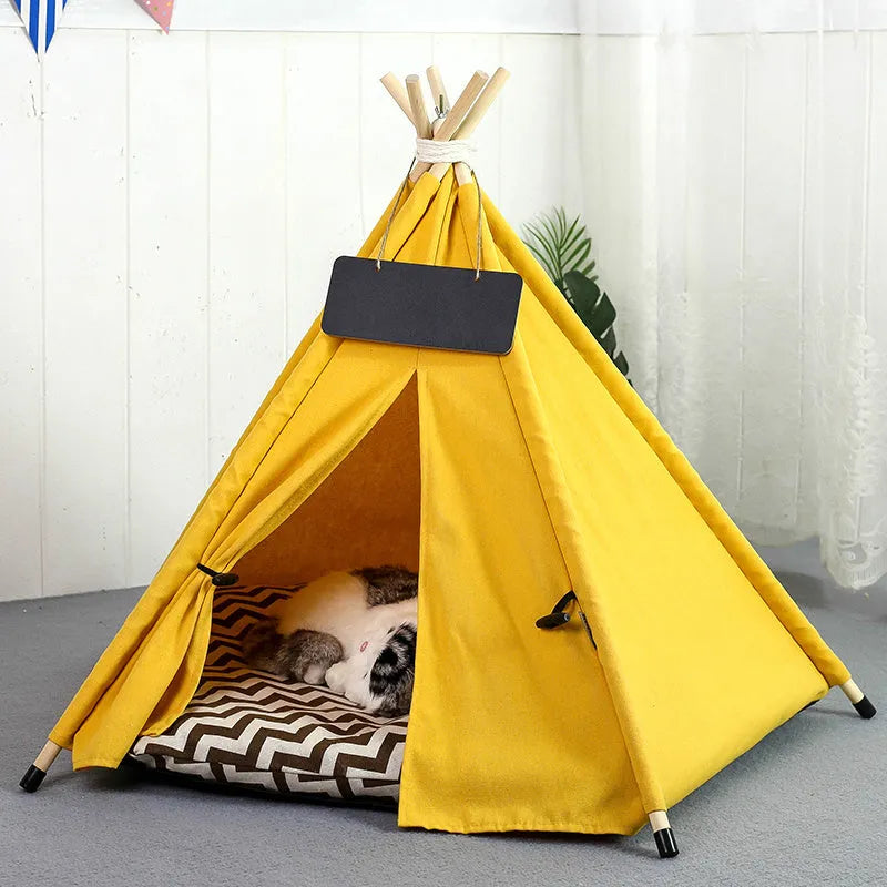 Striped pet teepee tent bed for small dogs or cats with removable cushion in yellow colour